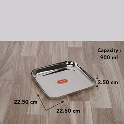 Sumeet Stainless Steel Medium Square Shape Plate/Snacks Plate/Breakfast Plate Set of 4pcs, 22.5cm Dia, Silver