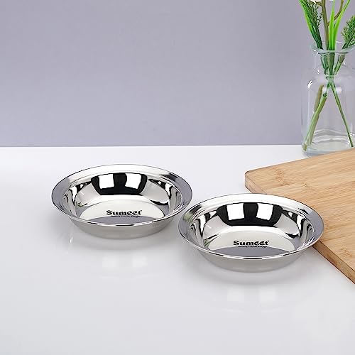 Sumeet Stainless Steel Heavy Gauge Multi Utility Serving Plates with Mirror Finish 14.5cm Dia - Set of 2pc, Silver