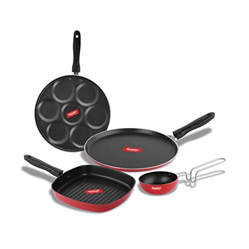 Sumeet 2.6mm Thick Non-Stick Qeso Cookware Set (Dosa Tawa – 26.5cm Dia + Multi Snack Maker – 26.5cm Dia + Grill Pan – 1.1Ltr Capacity – 22cm Dia + Tadka Pan – 10cm Dia)