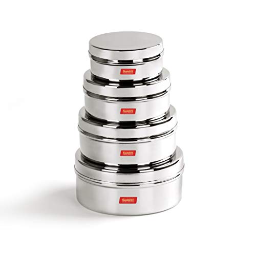 Sumeet Stainless Steel Flat Canisters/Puri Dabba/Storage Containers Set of 4Pcs (240ML, 400ML, 550ML, 800ML)