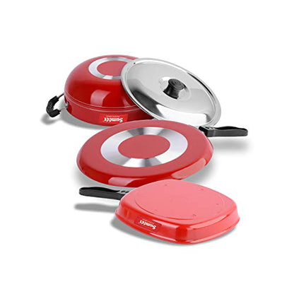 Sumeet 2.6mm Thick Non-Stick Cook Red Combo Set (Dosa Tawa – 26.5cm Dia + Kadhai with Lid – 1.5Ltr Capacity- 20cm Dia + Grill Pan – 1.1Ltr Capacity – 22cm Dia)