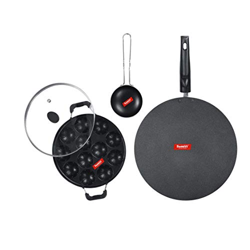 Sumeet NonStick Gris Cookware Set (Flat Tawa - 30.5cm Dia + Grill Appam Patra with Glass Lid - 12 Cavity - 22cm Dia + Waghariya/Tadka pan - 190Ml - 10Cm Dia)