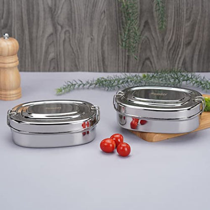 Sumeet Stainless Steel Rectangle Lunch Box/Tiffin with 2 Compartments and Locking Clip, Set of 2 Pcs, 650ML, Ideal for 2 Person - Silver