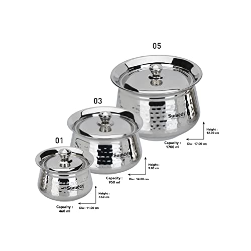 Sumeet Stainless Steel Handcrafted Hammered Texture Handi Set with Lid for Kitchen, Set of 3, 460ml, 950ml & 1700ml, Silver