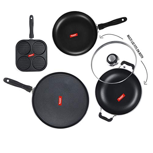 Sumeet NonStick Crno Cookware Set (Dosa Tawa - 26.5Cm Dia + Mini Multi Snack Maker - 4 Cavity -19.5cm + Kadhai with Glass Lid -2Ltr - 22Cm Dia + Frypan - 1.5Ltr - 22Cm Dia)