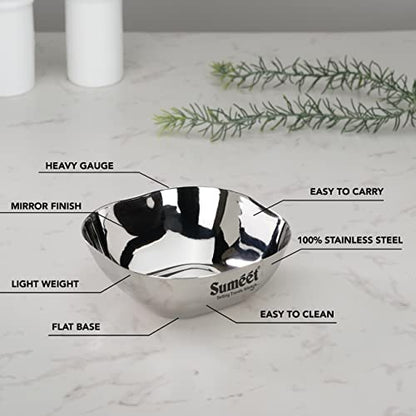 Sumeet Heavy Gauge Stainless Steel Apple Square Bowl/Wati/Katori with Mirror Finish – 9.5cm Dia, Set of 6pc, 200ML Each - Silver