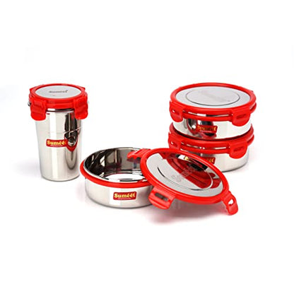 Sumeet Red Meal Statinless Steel Lunch Box Combo 3 Container (500Ml), 1 Tmbler (400Ml)