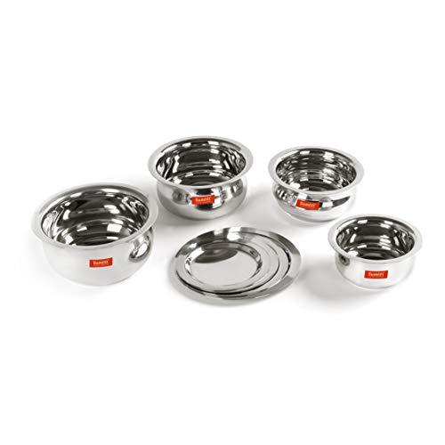 Sumeet Stainless Steel Belly Shape 4 Pc Tope / Cookware/ Pot Set with Lid 380ML, 500ML, 780ML, 1.1Ltr, (Silver)