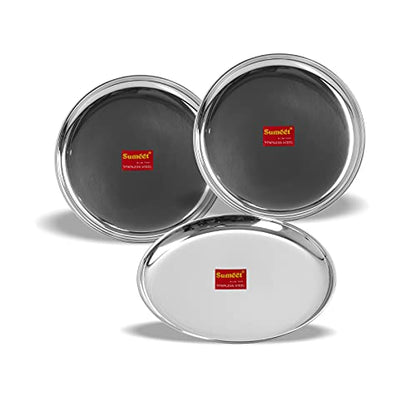 Sumeet Stainless Steel Heavy Gauge Shallow Dinner Plates with Mirror Finish 28.3cm Dia - Set of 3pc