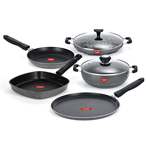 Sumeet NonStick Preto Cookware Set (Dosa Tawa-26.5Cm Dia+Kadhai with Glass Lid-2Ltr-22Cm Dia+Grill Appam Patra with Glass Lid-12 Cavity-22cm Dia+Grill Pan-22cm Dia+Tapper pan-0.6Ltr-20Cm Dia)