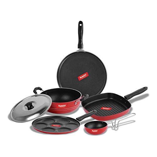 Sumeet 2.6mm Thick Non-Stick Vermello Cookware Set (Dosa Tawa – 26.5cm Dia + Multi Snack Maker – 26.5cm Dia + Kadhai with Lid – 1.5Ltr + Grill Pan – 1.1Ltr + Tadka Pan – 10cm Dia)