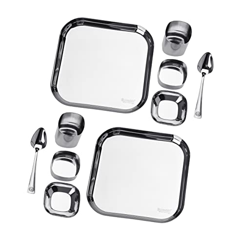 Sumeet Square Stainless Steel Heavy Gauge Mirror Finish Dinner Set of 10 Pc (2 Plate, 2 Halwa Plate, 2 Bowl , 2 Glass, 2 Spoon)