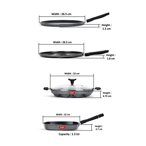 Sumeet NonStick Negre Cookware Set (Dosa Tawa - 26.5Cm Dia + Multi Snack Maker - 7 Cavity - 26.5Cm Dia + Grill Appam Patra with Glass Lid - 12 Cavity - 22cm Dia + Grill Pan-22cm Dia)