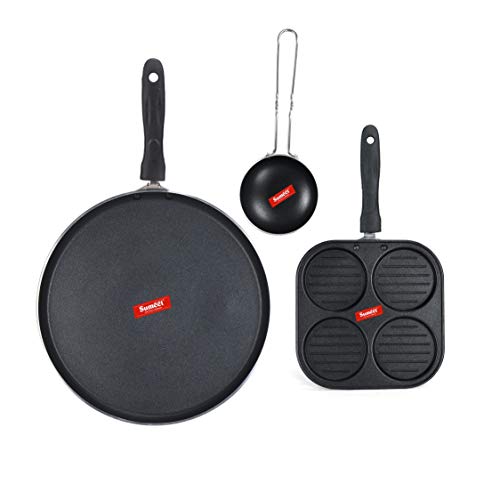 Sumeet NonStick Grijs Cookware Set (Dosa Tawa - 26.5Cm Dia + Mini Multi Snack Maker - 4 Cavity -19.5cm + Waghariya/Tadka pan - 190Ml - 10Cm Dia)