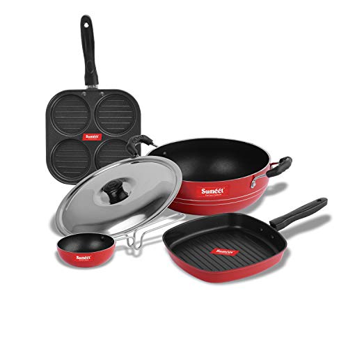 Sumeet Ruz 2.6 mm Thick Non-Stick Cookware Set (Mini Multi Snack Maker 19.5 cm Dia, Kadhai with Lid 1.5 Ltr Capacity and 20 cm Dia, Grill Pan 1.1 Ltr Capacity and 22 cm Dia, Grill Pan 1.1 Ltr)