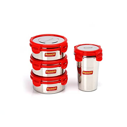 Sumeet Red Meal Statinless Steel Lunch Box Combo 3 Container (350Ml), 1 Tumbler (400Ml)