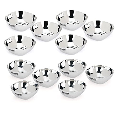 Sumeet Heavy Gauge Stainless Steel Apple Square Bowl/Wati/Katori with Mirror Finish, Combo Set of 12pc, 8cm & 9.5cm Dia, 180ML & 200ML (Each 6Pc) - Silver