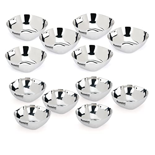 Sumeet Heavy Gauge Stainless Steel Apple Square Bowl/Wati/Katori with Mirror Finish, Combo Set of 12pc, 9.5cm & 10.6cm Dia, 200ML & 250ML (Each 6Pc) - Silver