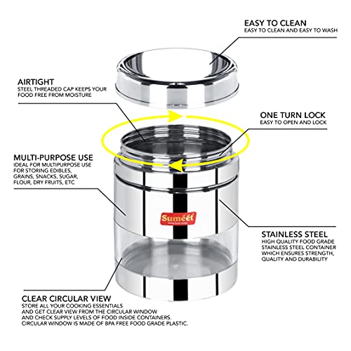 Sumeet Stainless Steel Circular See Through/Transparent Container, Set of 4Pc, 1.150 LTR Each, 11.5cm Dia - Silver