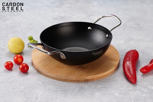 Sumeet Super Smooth Pre Seasoned Carbon Steel (Iron) Deep Kadai for Cooking and Deep Frying|Naturally Nonstick |20cm |1250ml, Gas & Induction-Friendly, Black