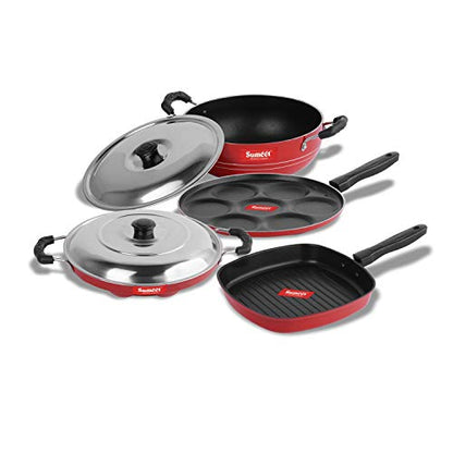 Sumeet 2.6mm Thick Non-Stick Homma Cookware Set (Multi Snack Maker – 26.5cm Dia + Kadhai with Lid – 1.5Ltr Capacity- 20cm Dia + Grill Appam Patra with Lid – 23cm Dia + Grill Pan – 1.1Ltr)