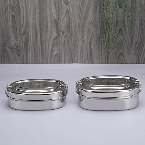 Sumeet Stainless Steel Rectangle Lunch Box/Tiffin with with 2 Compartments and Locking Clip,Set of 2 Pcs, 650ML & 1000ML, Ideal for 4 Person - Silver