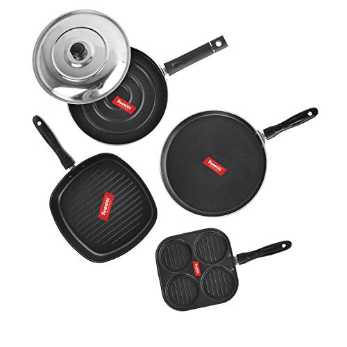 Sumeet 2.6mm Thick Non-Stick Vermell Cookware Set (Dosa Tawa – 26.5cm Dia + Mini Multi Snack Maker – 19.5cm Dia + Grill Pan – 1.1Ltr Capacity – 22cm Dia + Pizza Pan – 23cm Dia)