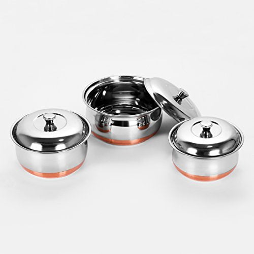 Sumeet Stainless Steel Copper Bottom Multipurpose Cook & Serve Handi with Lid - 3 pcs Set (1 Nos.: 1.1 L, 1 Nos.: 1.3 L, 1 Nos.: 1.7 L Handi with lid.)