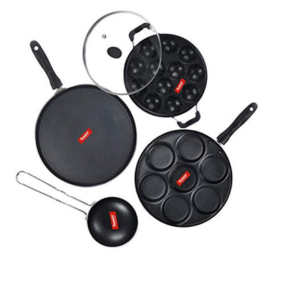 Sumeet NonStick Griseo Cookware Set (Dosa Tawa-26.5Cm Dia+Multi Snack Maker-7 Cavity-26.5Cm Dia+Grill Appam Patra with Glass Lid-12 Cavity-22cm Dia+Waghariya/Tadka pan-190Ml-10Cm Dia)