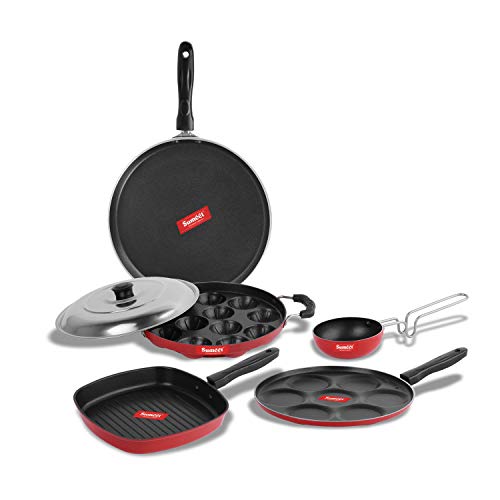 Sumeet 2.6mm Thick Non-Stick Pula Cookware Set (Dosa Tawa – 26.5cm Dia + Multi Snack Maker – 26.5cm Dia + Grill Appam Patra with Lid – 23cm Dia + Grill Pan – 1.1Ltr + Tadka Pan – 10cm Dia)