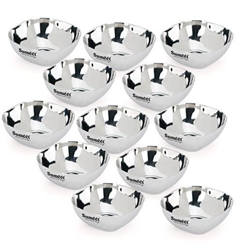 Sumeet Heavy Gauge Stainless Steel Apple Square Bowl/Wati/Katori with Mirror Finish – 8cm Dia, Set of 12pc, 180ML Each - Silver