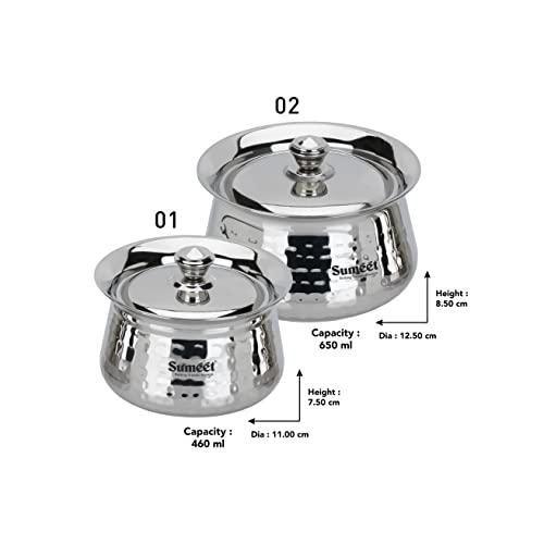 Sumeet Stainless Steel Handcrafted Hammered Texture Handi Set with Lid for Kitchen, Set of 2, 460ml & 650ml, Silver