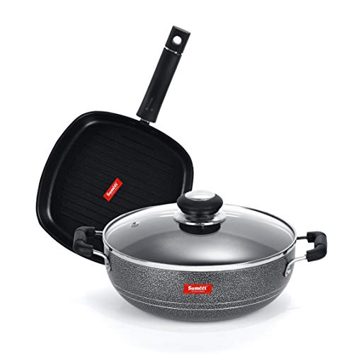 Sumeet NonStick Argento Cookware Set (Kadhai with Glass Lid -2Ltr - 22Cm Dia + Grill Pan-22cm Dia)