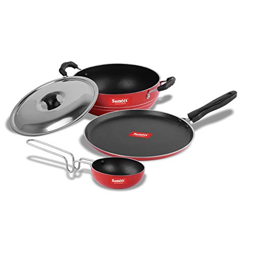 Sumeet 2.6mm Thick Non-Stick Harkin Combo Set (Dosa Tawa – 26.5cm Dia + Kadhai with Lid – 1.5Ltr Capacity- 20cm Dia + Tadka Pan – 10cm Dia)