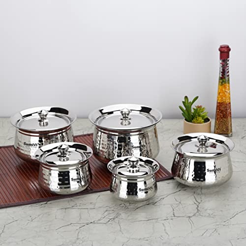 Sumeet Stainless Steel Handcrafted Hammered Texture Handi Set with Lid for Kitchen, Set of 5, 460ml, 650ml, 950ml, 1300ml & 1700ml, Silver