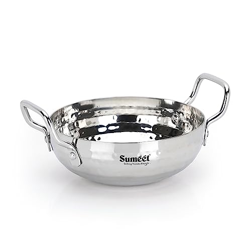 Sumeet Stainless Steel Handcrafted Hammered Mathar Kadai for Kitchen, Medium Size, 1350ML, 18cm Dia, Pack of 1, Silver