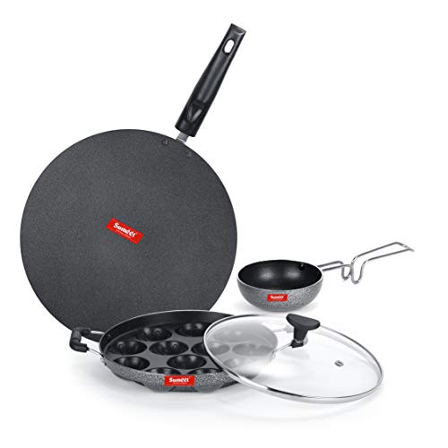 Sumeet NonStick Gris Cookware Set (Flat Tawa - 30.5cm Dia + Grill Appam Patra with Glass Lid - 12 Cavity - 22cm Dia + Waghariya/Tadka pan - 190Ml - 10Cm Dia)