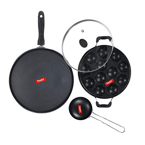 Sumeet NonStick Hall Cookware Set (Dosa Tawa - 26.5Cm Dia + Grill Appam Patra with Glass Lid - 12 Cavity - 22cm Dia + Waghariya/Tadka pan - 190Ml - 10Cm Dia)