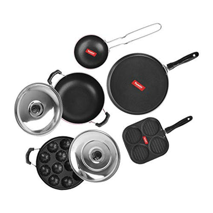 Sumeet 2.6mm Thick Non-Stick Solo Cookware Set (Dosa Tawa – 26.5cm Dia + Multi Snack Maker – 26.5cm Dia + Grill Appam Patra with Lid – 23cm Dia + Kadhai with Lid – 1.5Ltr + Tadka Pan – 10cm Dia)