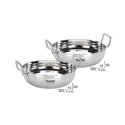 Sumeet Stainless Steel Handcrafted Hammered Mathar Kadai for Kitchen, Big Size, 3550ML & 4200ML, 26cm & 28cm Dia, Pack of 2, Silver