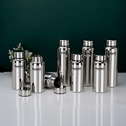 Sumeet Stainless Steel Jointless Akhand Leak-Proof Water Bottle / Fridge Bottle Set 800ML and 600ML - Pack of 8, Silver