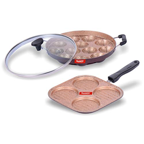 Sumeet Nonstick Granite Finish Edge Combo Set (Mini Multi Snack Maker - 4 Cavity - 19.5cm Dia + Grill Appam Patra with Glass Lid - 12 Cavity - 23cm Dia)