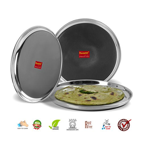 Sumeet Stainless Steel Heavy Gauge Dinner Plates with Mirror Finish - Set of 3pc