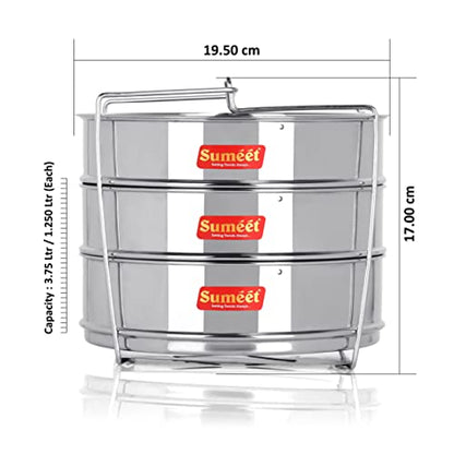 Sumeet Stainless Steel Flat Stackable Container/Separator with Lid and Lifter Suitable for 7.5 LTR Outer Lid Cooker