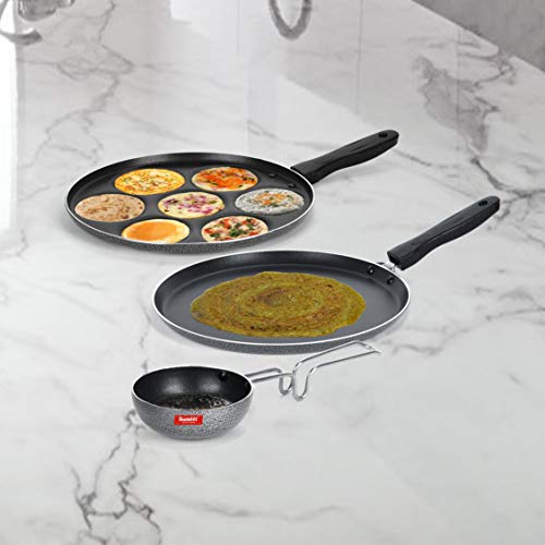 Sumeet NonStick Grisa Cookware Set (Dosa Tawa - 26.5Cm Dia + Multi Snack Maker - 7 Cavity - 26.5Cm Dia + Waghariya/Tadka pan - 190Ml - 10Cm Dia)