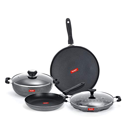 Sumeet NonStick Sort Cookware Set (Dosa Tawa - 26.5Cm Dia + Kadhai with Glass Lid -2Ltr - 22Cm Dia + Grill Appam Patra with Glass Lid - 12 Cavity - 22cm Dia + Tapper pan - 0.6Ltr - 20Cm Dia)