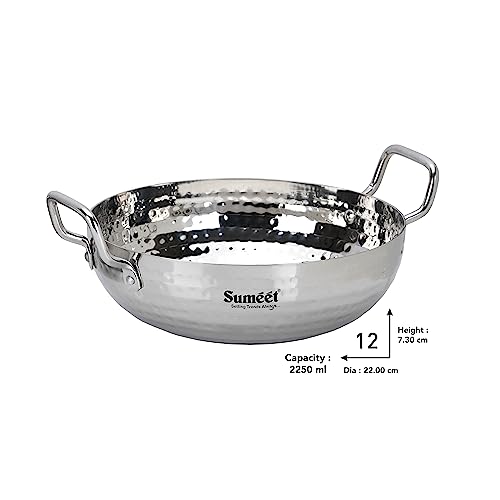 Sumeet Stainless Steel Handcrafted Hammered Mathar Kadai for Kitchen, Medium Size, 2250ML, 22cm Dia, Pack of 1, Silver