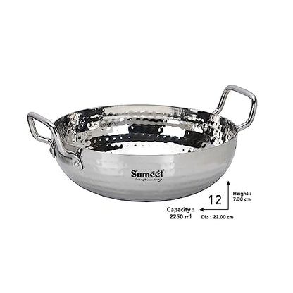 Sumeet Stainless Steel Handcrafted Hammered Mathar Kadai for Kitchen, Medium Size, 2250ML, 22cm Dia, Pack of 1, Silver