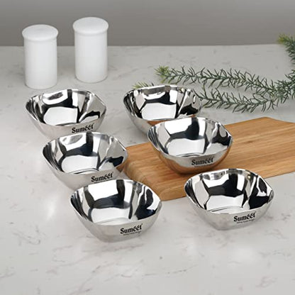 Sumeet Heavy Gauge Stainless Steel Apple Square Bowl/Wati/Katori with Mirror Finish – 8cm Dia, Set of 6pc, 180ML Each - Silver