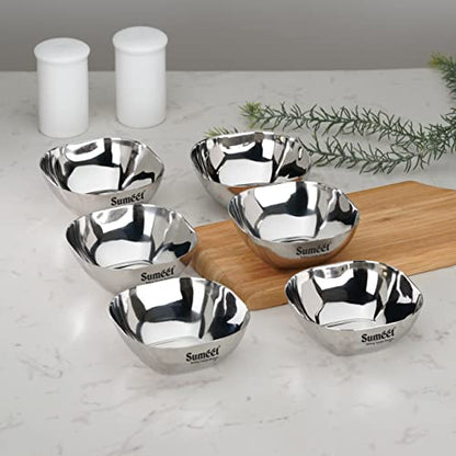 Sumeet Heavy Gauge Stainless Steel Apple Square Bowl/Wati/Katori with Mirror Finish – 9.5cm Dia, Set of 6pc, 200ML Each - Silver